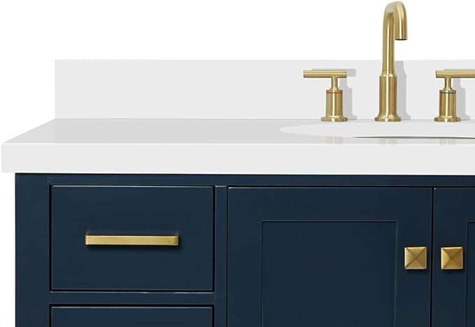 ARIEL Cambridge 48-inch Bathroom Vanity with Sink,Solid Wood, 1.5-inch Pure White Quartz Countertop & Backsplash, Single Oval Porcelain Sink, 2 Soft Closing Doors, 9 Dovetail Drawers, Midnight Blue