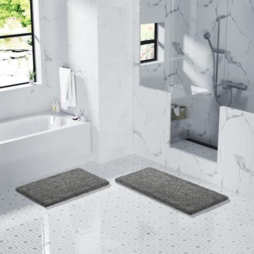 Yimobra Luxury Bathroom Rugs, Fluffy Bath Mats, Non Slip, Water Absorbent Microfiber, Machine Washable, Plush Shower Rugs, Thick Matts for Bathroom Floor/Tub, 44" X 24", Light Gray and Black Gray