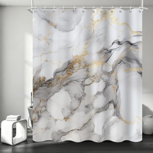 Grey Marble Shower Curtain Modern Abstract Luxury Gold Ink Texture Gray Ombre Watercolor Bathroom Curtain Set with Hooks Soft and Lightweight Waterproof Fabric Machine Washable 66" WX72 L