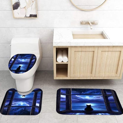 Yddsky 4Pcs Night Cat Bathroom Shower Curtain Sets for Bathtub,72x72 Inch