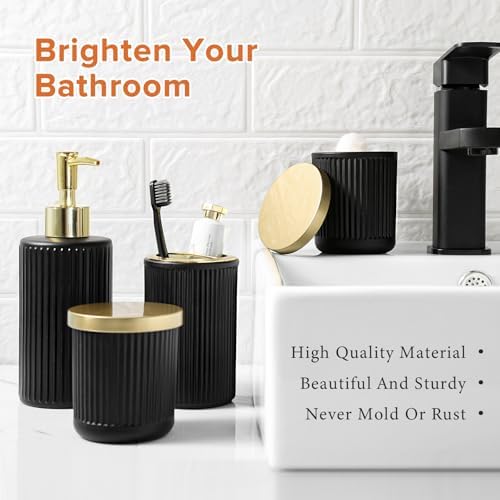 RYTOXILO Matte Black and Gold Bathroom Accessories Set, 4 Pack Glass Bath Accessory Sets Complete, Ribbed Soap Dispenser and Toothbrush Holder Set with 2 Qtip Holders, Modern Gold Bathroom Decor