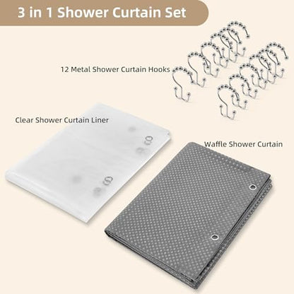 Grey Shower Curtain and Liner Set, 3 in 1 Waffle Shower Curtain Set with 12 Double Sided Shower Curtain Hooks, Fabric Shower Curtains for Bathroom 72 x 72