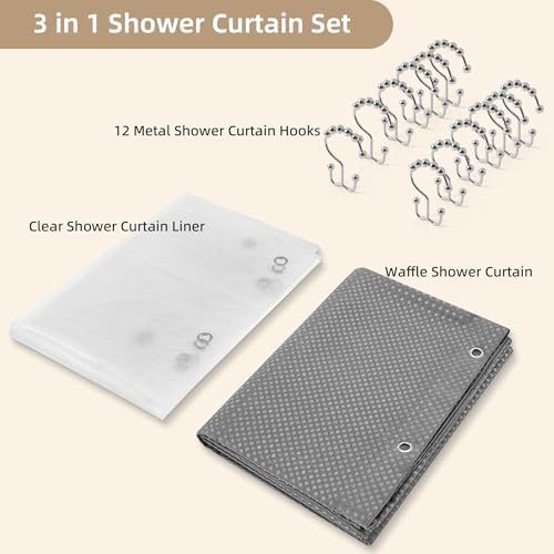 3 in 1 Shower Curtain Set, Waffle Shower Curtain and Liner Set with 12 Double Sided Shower Curtain Hooks, 72 x 84 Fabric Shower Curtains for Bathroom, Grey