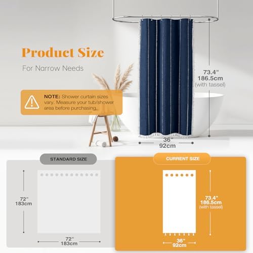 BTTN Small Boho Linen Heavy Duty Cloth Shower Curtain, 36x72, Navy Blue