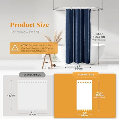 BTTN Small Boho Linen Heavy Duty Cloth Shower Curtain, 36x72, Navy Blue