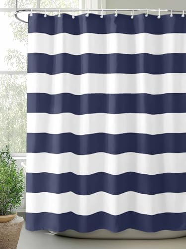 Shower Curtain Bathroom Set Navy Blue and White Stripe Waterproof Shower Curtains with Grommets Hooks Modern Stripes Pattern Privacy Bath Curtain for Bathtub Decor 48x72in