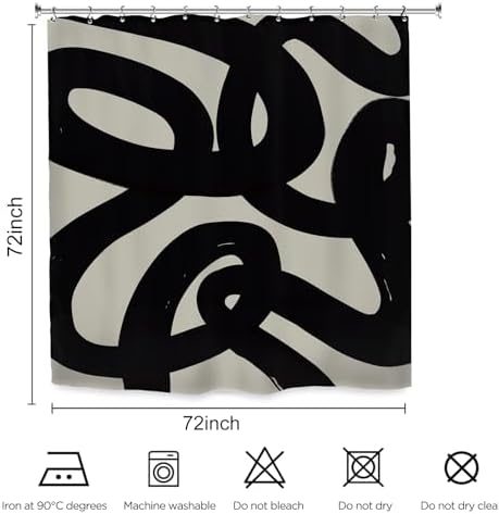 Abstract Black Shower Curtain 72Wx72L Inch Modern Minimalist Contemporary Geometric Line Neutral Simple Bathroom Set Accessories Decor with 12 Pack Hooks