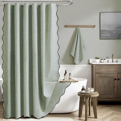 BTTN 60x72 Boho Scalloped Linen Textured Cloth Shower Curtain, Sage Green