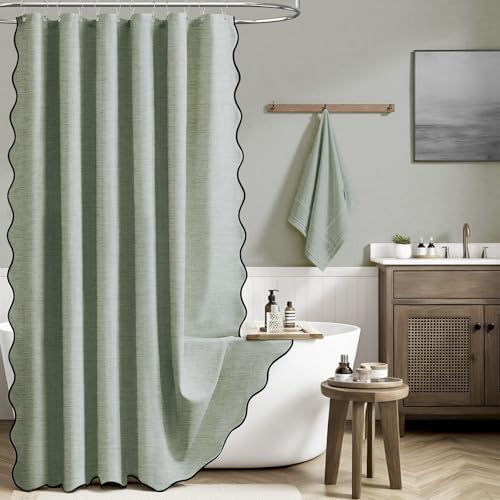 BTTN Stall Boho Scalloped Linen Textured Shower Curtain, 36x72, Sage Green