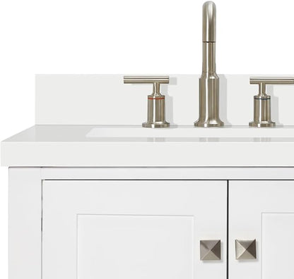 ARIEL Cambridge 60-inch Bathroom Vanity with Sink,Solid Wood, 1.5-inch Pure White Quartz Countertop & Backsplash, Double Rectangular Porcelain Sink, 4 Soft Closing Doors, 6 Dovetail Drawers, White