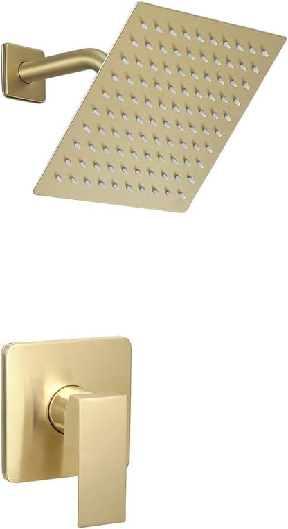 Brushed Gold Shower Faucet Set Bathroom Rainfall 8 Inch Shower Head System Single Handle Shower Trim Kit with Rough-in Valve