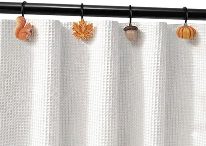 Sunlit Fall Autumn Decorative Shower Curtain Hooks, Pumpkin Maple Leaf Squirrel Acorn Shower Curtain Rings with Black Hooks, Resin, Orange Leaves Cute Bathroom Curtain Hangers Decoration, Set of 12