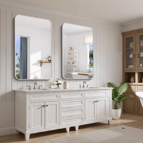 FORBATH Bathroom Mirror for Over Sink 30x48 Inch Silver, Rectanglar Wall Mirror with Metal Frame, Rounded Corners for Bathroom, Bedroom, Entryway Decor (Horizontal or Vertical)