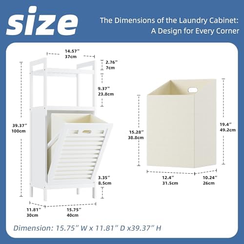 HITNET Bamboo Tilt Out Hamper, 10 Gal Bathroom Laundry Cabinet with Hidden Foldable Basket, Freestanding Clothes Storage Organizer with Storage Shelf, White