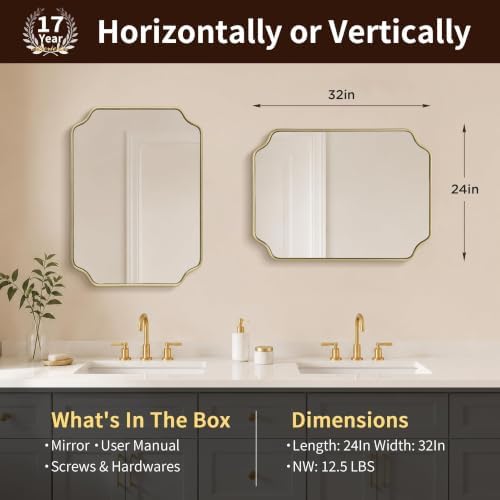 Besdomus Gold Modern Bathroom Mirror: 24"x32" Minimalist Vanity Wall Mirror
