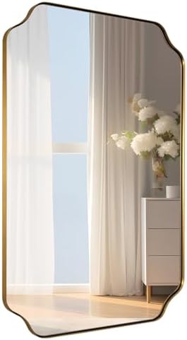 MIRRORART Gold Bathroom Mirror 24x36 Inch, Scalloped Mirrors for Bathroom Sink, Notched Corner Rectangle Mirror in 1’’ Stainless Steel Metal Frame Home Remodel Wall Mount Vertical/Horizontal