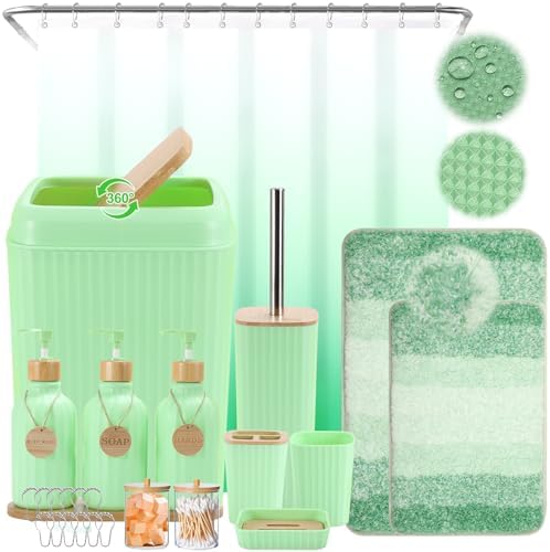 32PCS Green Bathroom Accessories Set with Shower Curtain,Rugs,Trash Can,3PCS Lotion Soap Dispenser, Toothbrush Holder, Soap Dish,Tumbler Cup,6PCS Wood Tags Bath Accessories with Tray for Bathroom