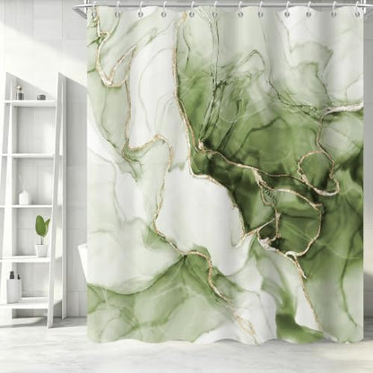 Green Marble Shower Curtain Modern Abstract Luxury Gold Ink Texture Gray Ombre Watercolor Bathroom Curtain Set with Hooks Soft and Lightweight Waterproof Fabric Machine Washable 66" WX72 L