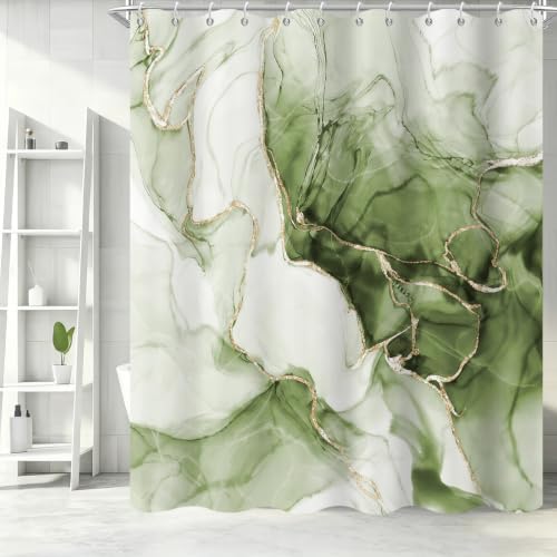 Green Marble Shower Curtain Modern Abstract Luxury Gold Ink Texture Gray Ombre Watercolor Bathroom Curtain Set with Hooks Soft and Lightweight Waterproof Fabric Machine Washable 72" Wx84 L