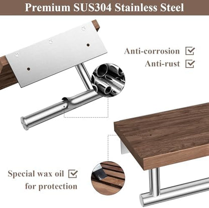 Tindbea Toilet Paper Holder with Wood Shelf, Wooden Wall Mount Tissue Paper Roll Holder, Brushed Nickel Stainless Steel Bathroom Accessories Decor Household Home Apartment Restroom Essentials (Walnut)