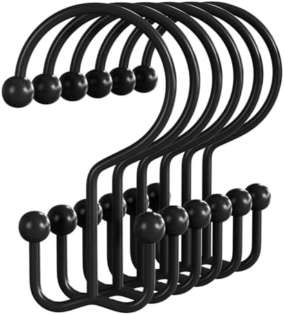 Bathway Shower Curtain Hooks Matte Black Shower Curtain Rings, 12 Pcs Double Hook Shower Curtain Hooks Rings Shower Curtain Hangers Rust Proof, Metal Shower Hooks for Bathroom Shower Curtain Rod