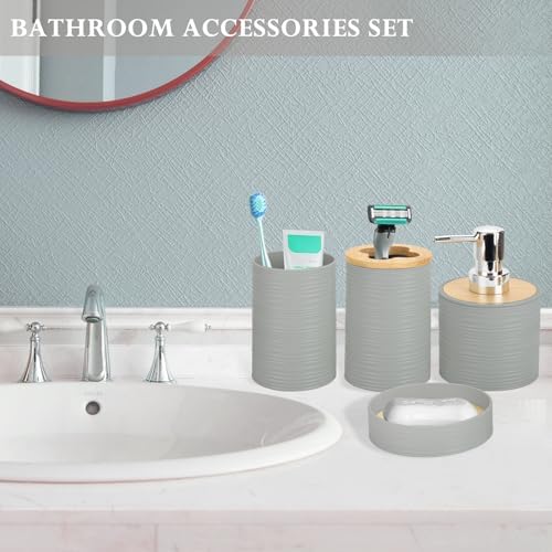 RRM 4 Piece Bamboo Bathroom Accessories Set, Boho Bathroom Decor, Grey