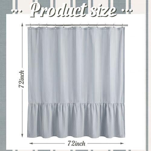 HunnmingRe Dust Blue Farmhouse Striped Shower Curtain Ruffle Hem 72x72''