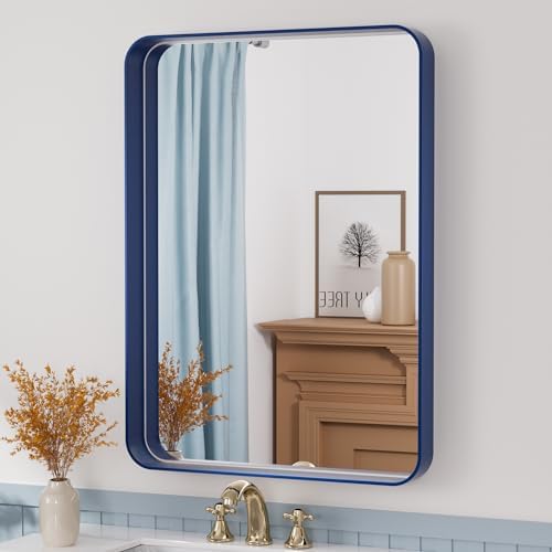 TETOTE 22 x 30 Navy Blue Mirror for Bathroom Metal Frame Wall Mounted Rectangle Mirror for Vanity with Sandy Textured Surface(Horizontal/Vertical)