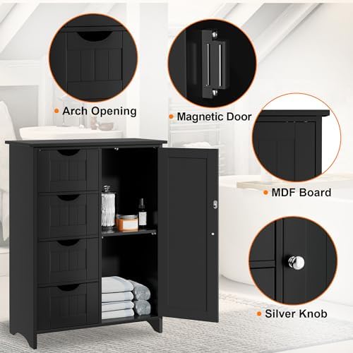 JUMMICO Bathroom Storage Cabinet, Floor Cabinet with 4 Drawers and 1 Adjustable Shelf, Storage Oragnizer for Living Room, Kitchen, Bathroom (Black)