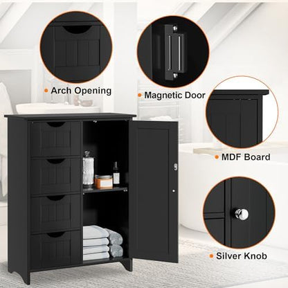 JUMMICO Bathroom Storage Cabinet, Floor Cabinet with 4 Drawers and 1 Adjustable Shelf, Storage Oragnizer for Living Room, Kitchen, Bathroom (Black)