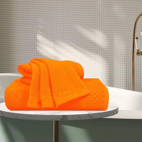 MyOwn Ultra Soft 3 Pack Cotton Towel Set, Contains a Bath Towels 28x55 inch, a Hand Towels 16x24 inch & a Wash Coths 12x12 inch, Ideal Everyday use, Compact & Lightweight - Orange