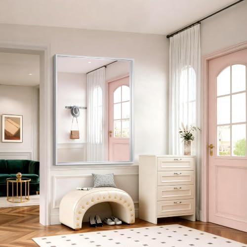 48 x 36 inch Brushed Silver Bathroom Mirror, Metal Framed Large Rectangle Mirror, 0.6" Thickened Deep Frame Mirrors for Living Room Bedroom, Tempered Glass, Antirust, Horizontal or Vertical
