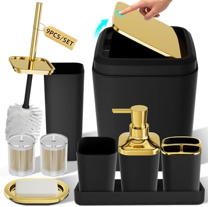 XLHOMO Bathroom Accessories Set - Luxury Black Bathroom Set, 9 Pieces Bathroom Accessory Set, Black Bathroom Accessories with Trash Can, Toilet Brush & Soap Dispenser