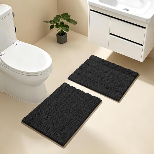 Bcoimo Bath Rug Mat Set,2 Piece Thick Absorbent Chenille Bathroom Mat Black