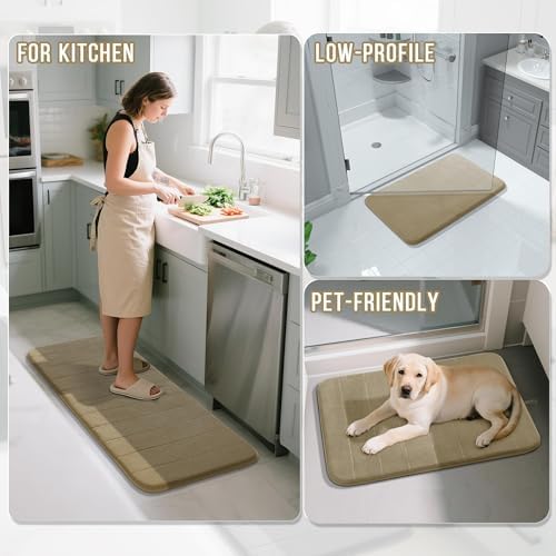Yimobra Memory Foam Bathroom Mat Set, 24 x 17 & 24 x 20 in, Pale Khaki