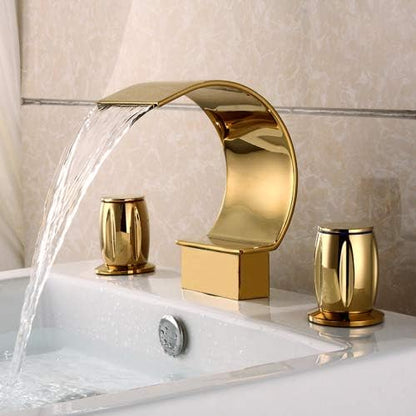 Sprinkle Elegant Waterfall Double Handle Bathroom Sink Faucet Arc Waterfall Spout Bathtub Filler Widespread Bathroom Faucet Gold