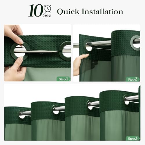 Dynamene Dark Green Hook Free Waffle Shower Curtain & Snap-in Liner,72x81