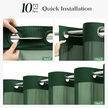 Dynamene Dark Green Hook Free Waffle Shower Curtain & Snap-in Liner,72x81