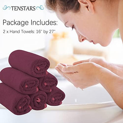 TENSTARS Silk Hemming Hand Towels for Bathroom - Quick Drying - Ultra Soft Microfiber Absorbent Towel for Bath Fitness, Gym, Shower, Hotel, and Spa - 16x28 Inch | Set of 6, Burgundy
