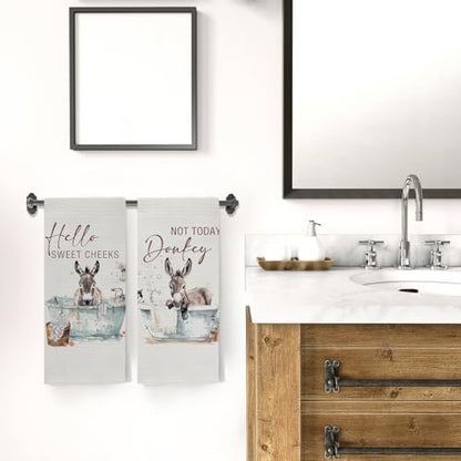 Funny Donkey Hand Towels, Hello Sweet Cheeks Bathroom Decor, Donkey Gifts Decorative Hand Towels for Washroom Restroom, Farmhouse Hand Tea Towels for Bathroom, 16x24 Inch Set of 2