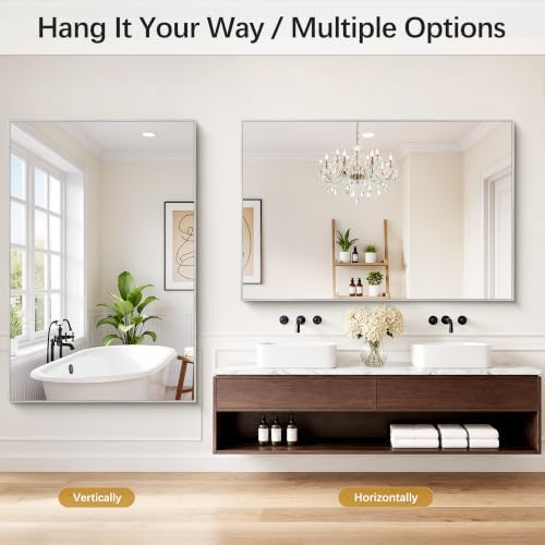DESBING 60" x 40" Bathroom Mirror, Silver Metal Frame Wall Mirror