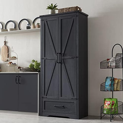 Farmhouse Kitchen Pantry Cabinet - 72" Tall Wood Kitchen Storage Cabinets with Adjustable Shelves & 2 Barn Doors & Drawer, Versatile Storage for Dining Room, Bathroom, Utility Room, Antique Black