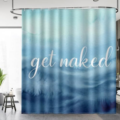 Aimego Get Naked Shower Curtain Gradual Tie Dye Blue Ombre Funny Art Font Theme Shower Curtain Set with 12 Hooks for Bathroom Decor Accessories Bathtub Curtain, 72"x72"