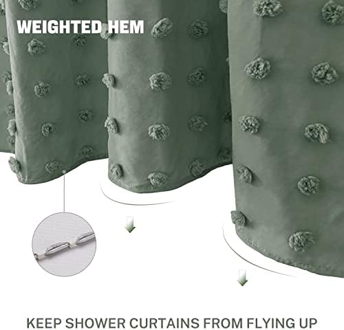 Extra Long Green Boho Shower Curtain Woven Fabric Cute 84 Inch Shower Curtain, 72 x 84 Tufted Pleat Floral Puffs Textured Modern Farmhouse Minimalist Shower Curtain Set with Hooks for Bathroom