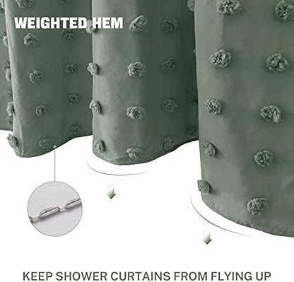 Extra Long Green Boho Shower Curtain Woven Fabric Cute 84 Inch Shower Curtain, 72 x 84 Tufted Pleat Floral Puffs Textured Modern Farmhouse Minimalist Shower Curtain Set with Hooks for Bathroom