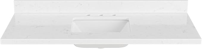 ARIEL 54 inch Bathroom Vanity top with Sink, 1.5 Inch Thick Miter Edge Carrara White Quartz top, Rectangle Single Porcelain Sink, Includes Backsplash