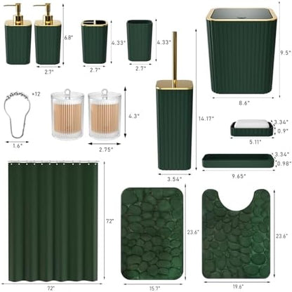 XLHOMO Bathroom Accessory Set - 25PC Green Bathroom Sets, Bathroom Set with Shower Curtain and Rugs, Dark Green Shower Curtain Set, Trash Can, Qtip Holder & Soap Dispenser