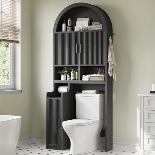 Itaar Arched Over The Toilet Storage Cabinet, 78.7" H Fluted Bathroom Organizer with Reversible Side Cabinet, Adjustable Shelves, Anti-Tipping, Hooks & Paper Holder for Bathroom Laundry Room, Black