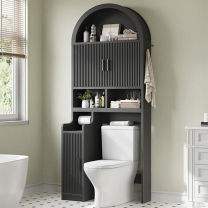 Itaar Arched Over The Toilet Storage Cabinet, 78.7" H Fluted Bathroom Organizer with Reversible Side Cabinet, Adjustable Shelves, Anti-Tipping, Hooks & Paper Holder for Bathroom Laundry Room, Black