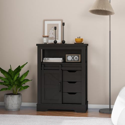 Panana Farmhouse Bathroom Floor Cabinet, Sliding Barn 3 Drawers & 1 Door Freestanding Small Storage Cabinet for Bathroom, Kitchen (Black)
